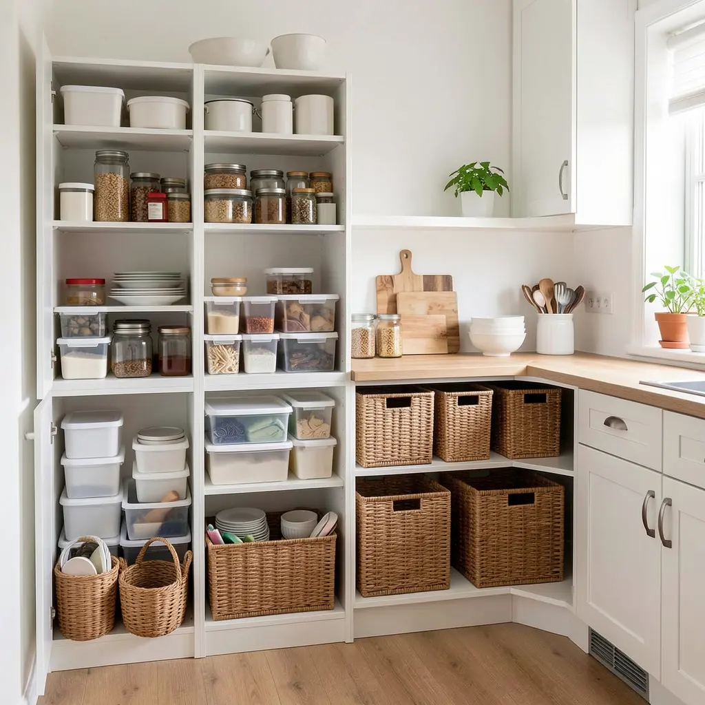 Georganiseerde keuken met nette voorraadkast en opslagsystemen